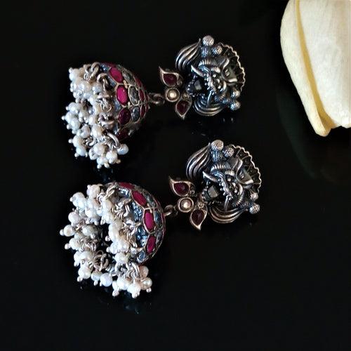 Handmade Oxidized Silver Ruby Pearl Jhumkas