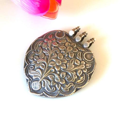 Pure Silver Oxidized Chitai Hand carved Flower Pendant