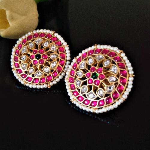 Handmade Pure Silver Flower Kundan Studs