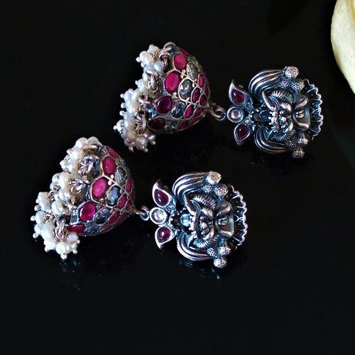 Handmade Oxidized Silver Ruby Pearl Jhumkas