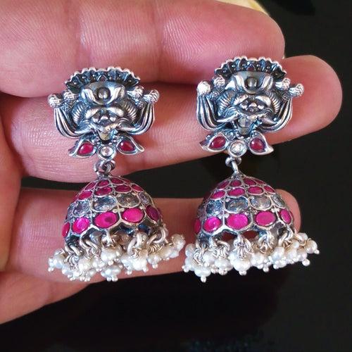 Handmade Oxidized Silver Ruby Pearl Jhumkas