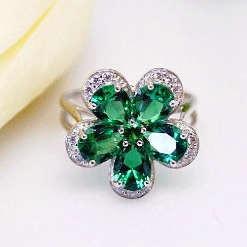 Pure 92.5 Sterling Silver Emerald Flower Ring