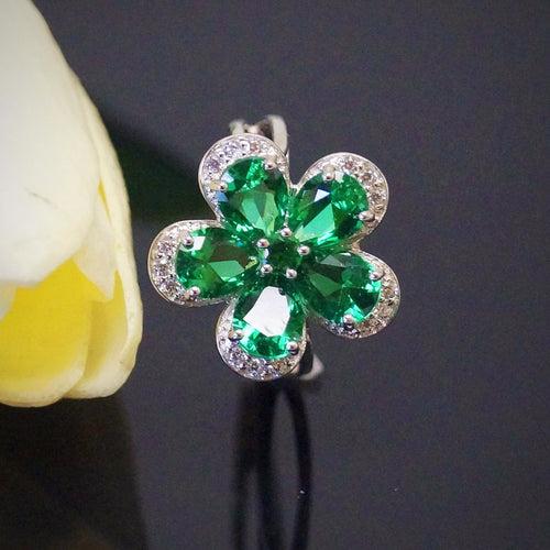 Pure 92.5 Sterling Silver Emerald Flower Ring