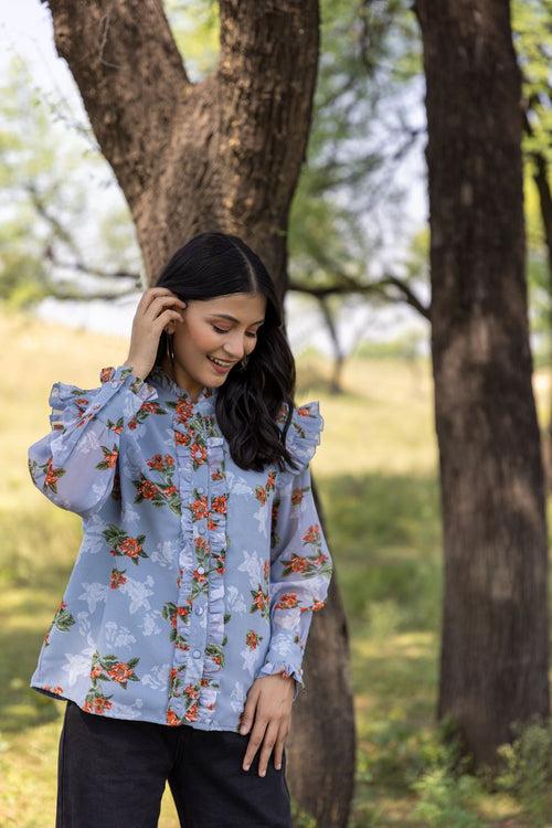 PASTEL BLUE RUFFLE SHIRT TOP