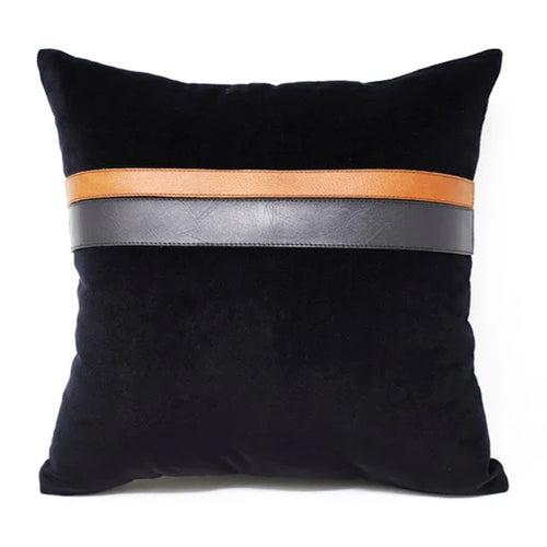 Leather Color Block Pillow Cover, Black Velvet With Tan and Black Leather Color Block