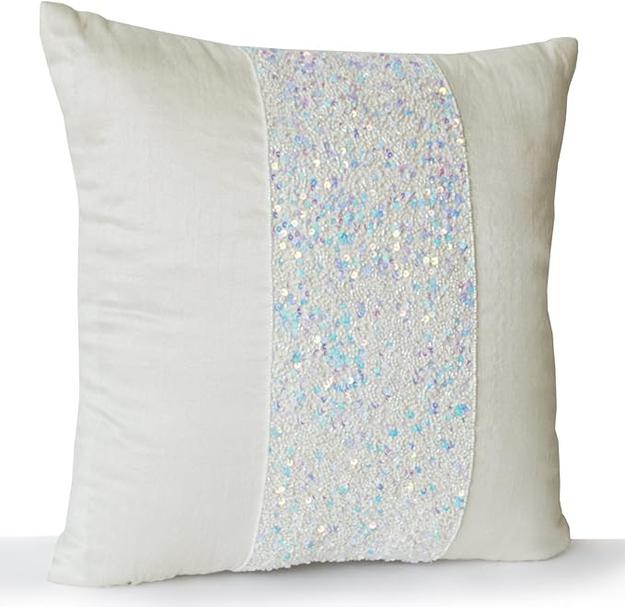 Ivory Faux Silk Pillow Cover With Geometric Sparkle