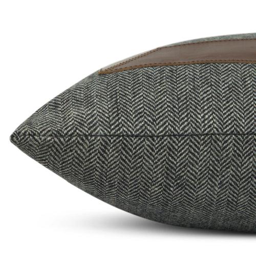 Grey Chevron Wool Throw Pillow Cover With Broad Leather Trim