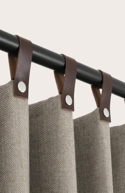 Taupe Chevron Wool Curtains With Leather Tabs