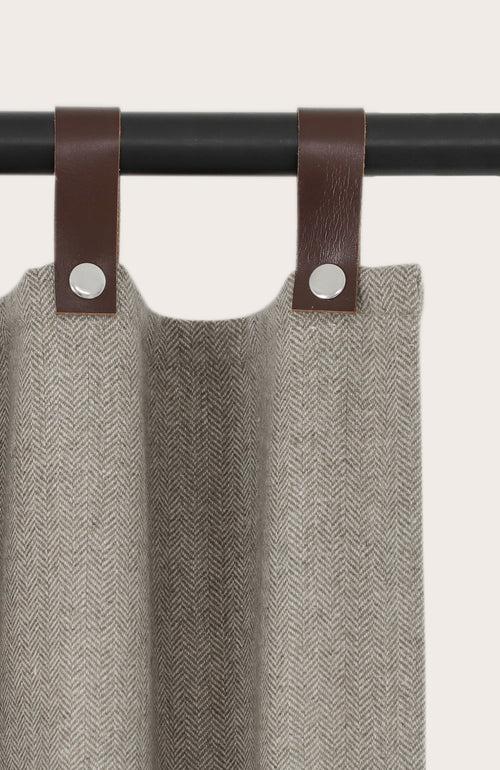 Taupe Chevron Wool Curtains With Leather Tabs