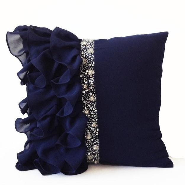 Elegant Navy Blue Ruffled Sequin Throw Pillow Cover