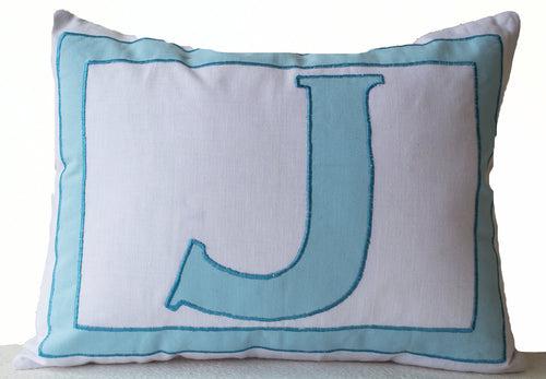 Monogram Pillows -Personalized White Blue letter pillow cover- Alphabet throw pillow- Customized letter cushions- Cotton pillow- Gift- 12x16