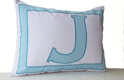 Monogram Pillows -Personalized White Blue letter pillow cover- Alphabet throw pillow- Customized letter cushions- Cotton pillow- Gift- 12x16