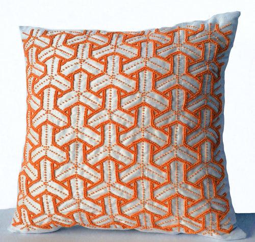 Ivory Silk Throw Pillow Cover, Orange Bead Geometric Sashiko Designer Pillow,Decorative pillow