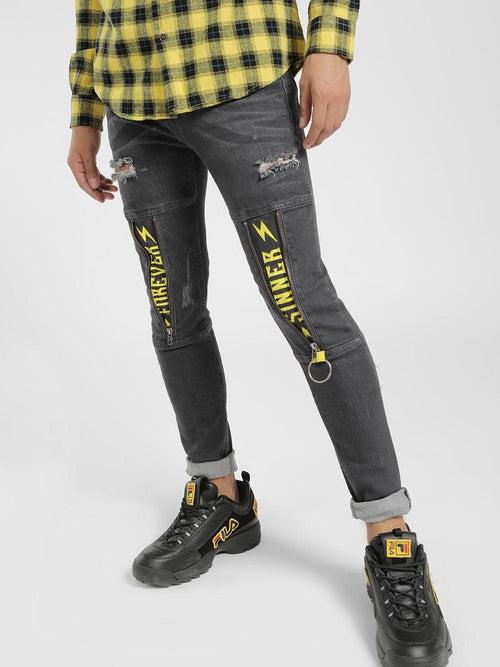 Mid-Wash Distressed Panel Skinny Jeans