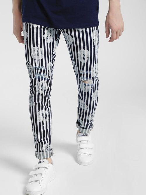 Stripe Overdyed Floral Print Jeans