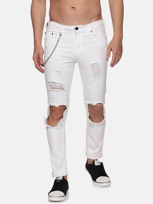 Kultprit Men's White heavy distress Jeans With Side Chain