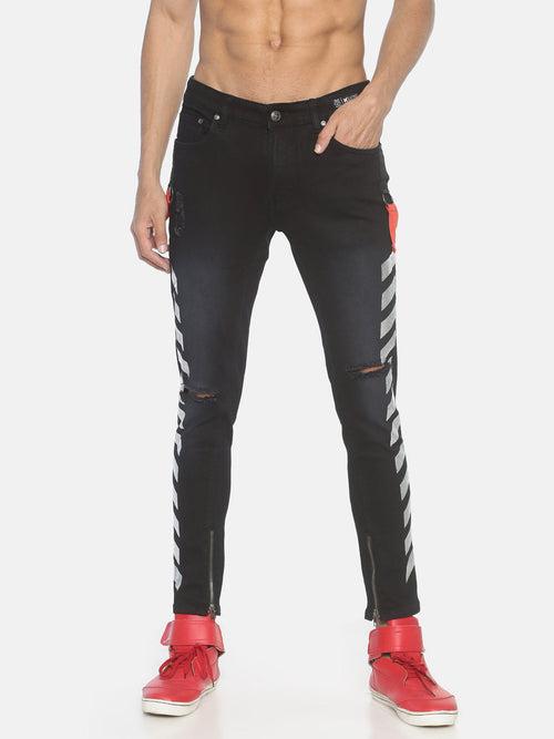 Black denim with holographic print