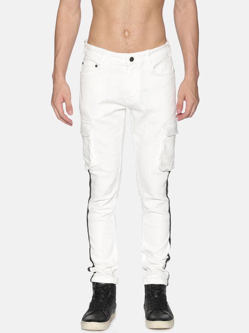 Fashion White cargo Jeans with stripe tape at side seem