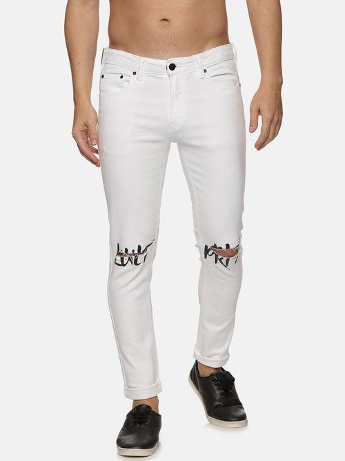 Kultprit Men's White heavy distress Jeans With Black Kult Prit Print