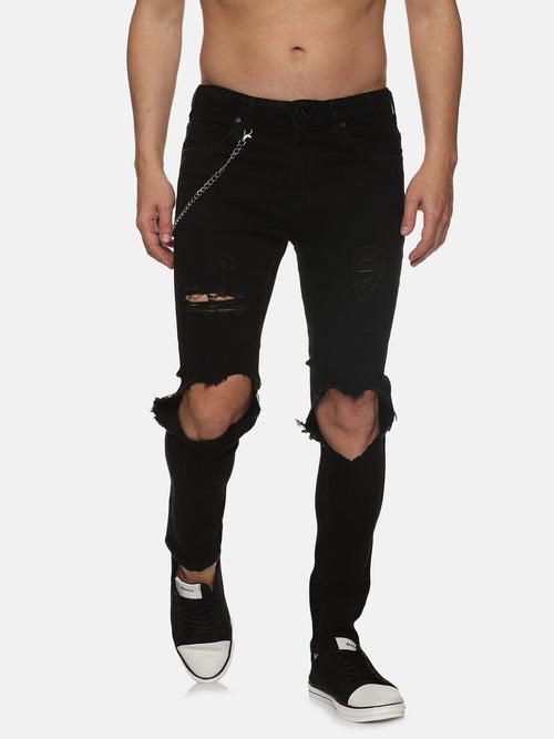 Kultprit Men's Black heavy distress Jeans With Side Chain