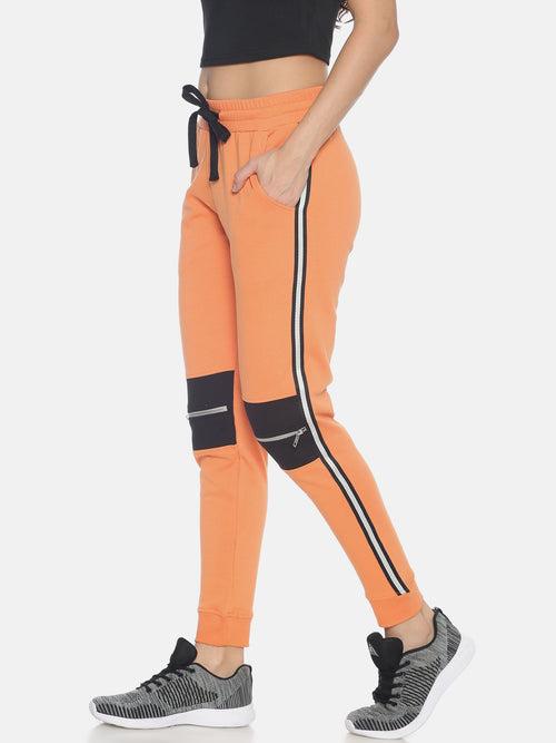 Women Slim Fit Solid Joggers with Side Tape & knee zipper