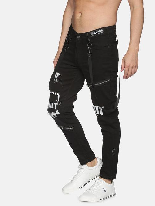 Kultprit hanging belts with knee print jeans