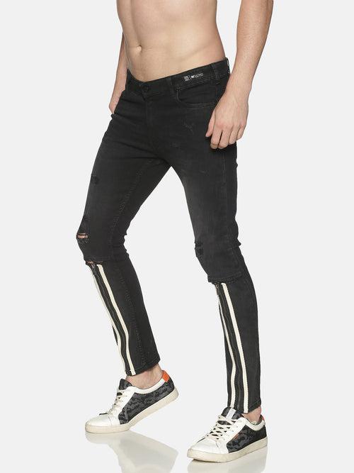 Kultprit Men's Solid Skinny Jeans With Knee Ripped Ankle Zipper