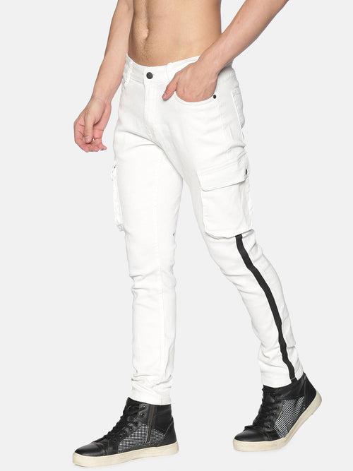 Fashion White cargo Jeans with stripe tape at side seem