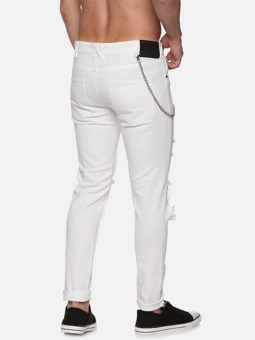 Kultprit Men's White heavy distress Jeans With Side Chain