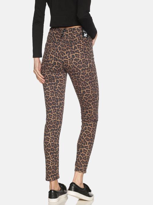 High Waisted Jeans With Leopard Print All Over And Distress Cut On One Knee