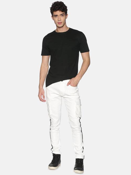 Fashion White cargo Jeans with stripe tape at side seem