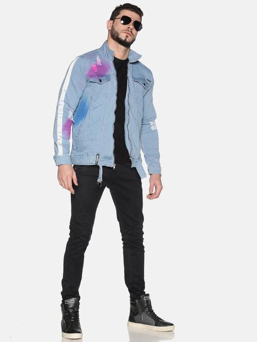 Impackt Men's Full Sleeves Denim Jackets With Distressed, Spray Print & Sleeve Side Tape