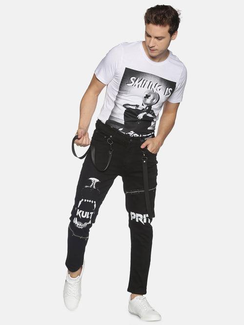 Kultprit hanging belts with knee print jeans