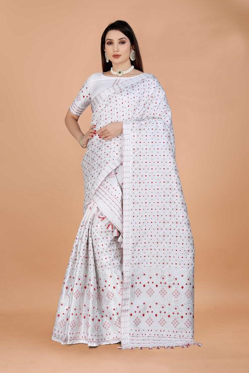 White Mix Set Mekhela Sador - Red Mina