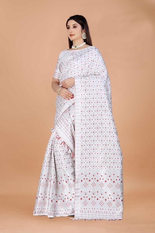 White Mix Set Mekhela Sador - Red Mina