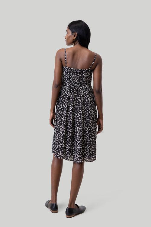 Ruched Strappy Mini Black Floral Dress