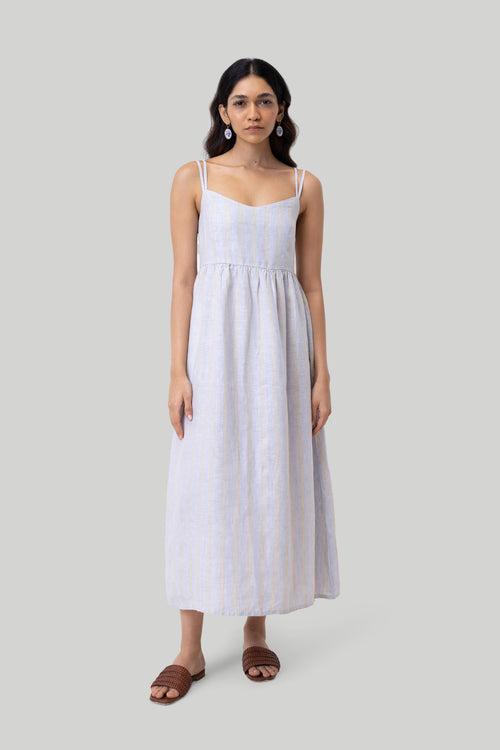 Strappy Gathered Midi Dress in Linen Stripes