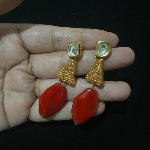 Fancy Red and Hand Carved Golden Beads with Kundan Earrings