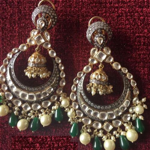 Lustrous Kundan & Pearls Green Chandbali Long Earrings