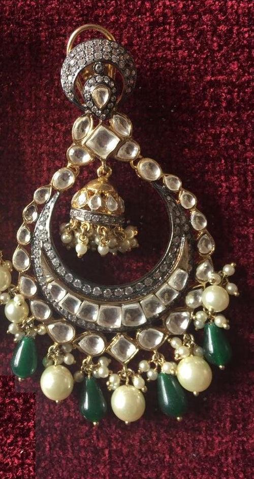 Lustrous Kundan & Pearls Green Chandbali Long Earrings