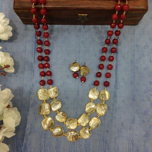 Marron Gemstone With Mother Of Pearl Necklace Set