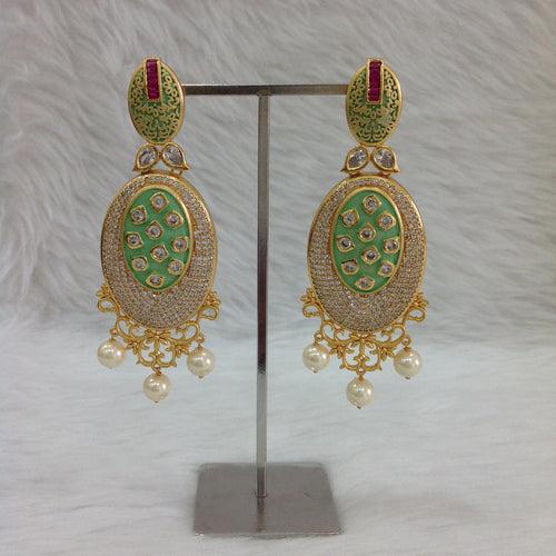 Sensational Seafoam Green Kundan And Crystal Long Earrings