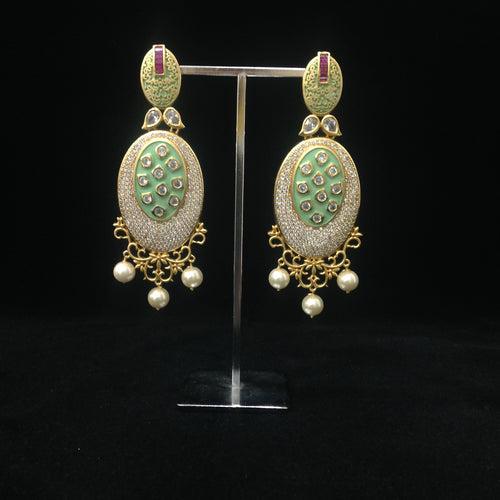 Sensational Seafoam Green Kundan And Crystal Long Earrings