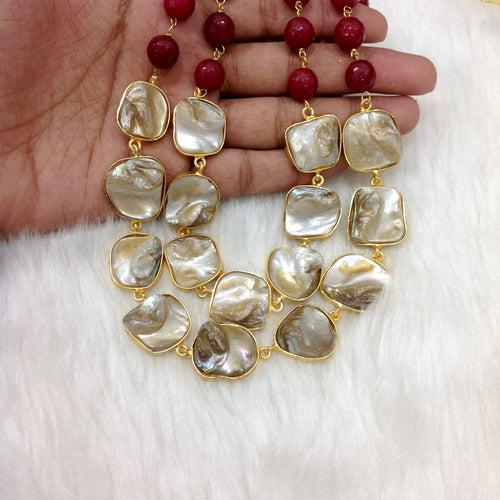 Marron Gemstone With Mother Of Pearl Necklace Set