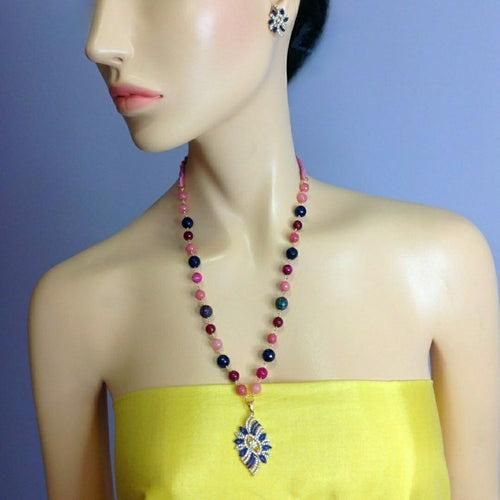 Luminent Shades of Pink with Blue Zircon Studded Pendant Necklace Set