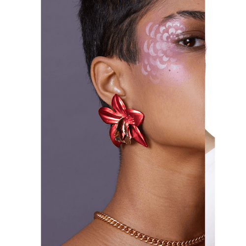 Red Metallic Orchid Earrings