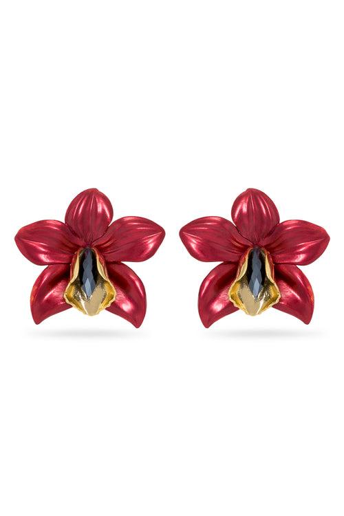 Red Metallic Orchid Earrings