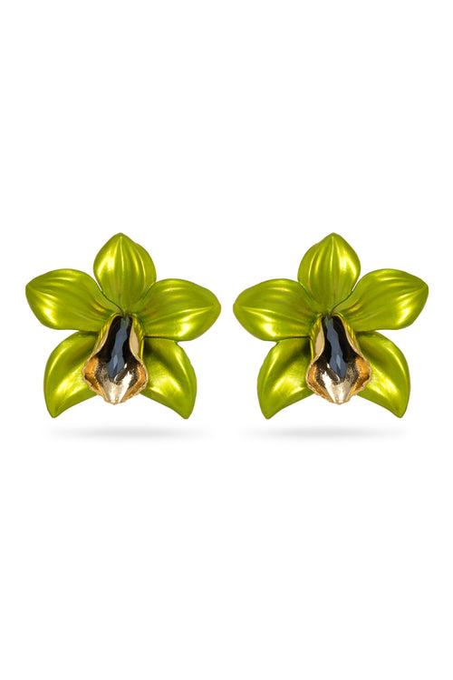 Lime Green Metallic Orchid Earrings