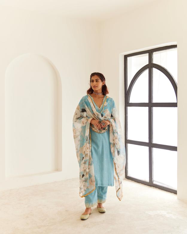 Powder Blue Chanderi Kurta Set