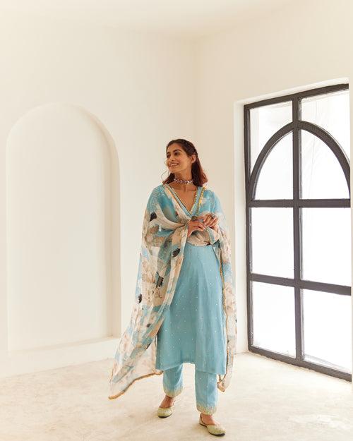 Powder Blue Chanderi Kurta Set